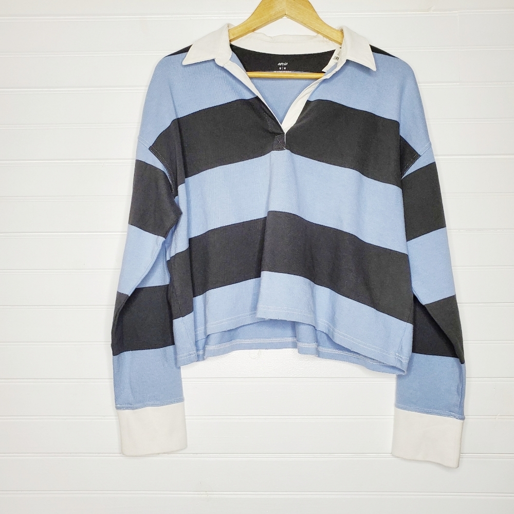Aerie Striped Long Sleeved Cropped Polo